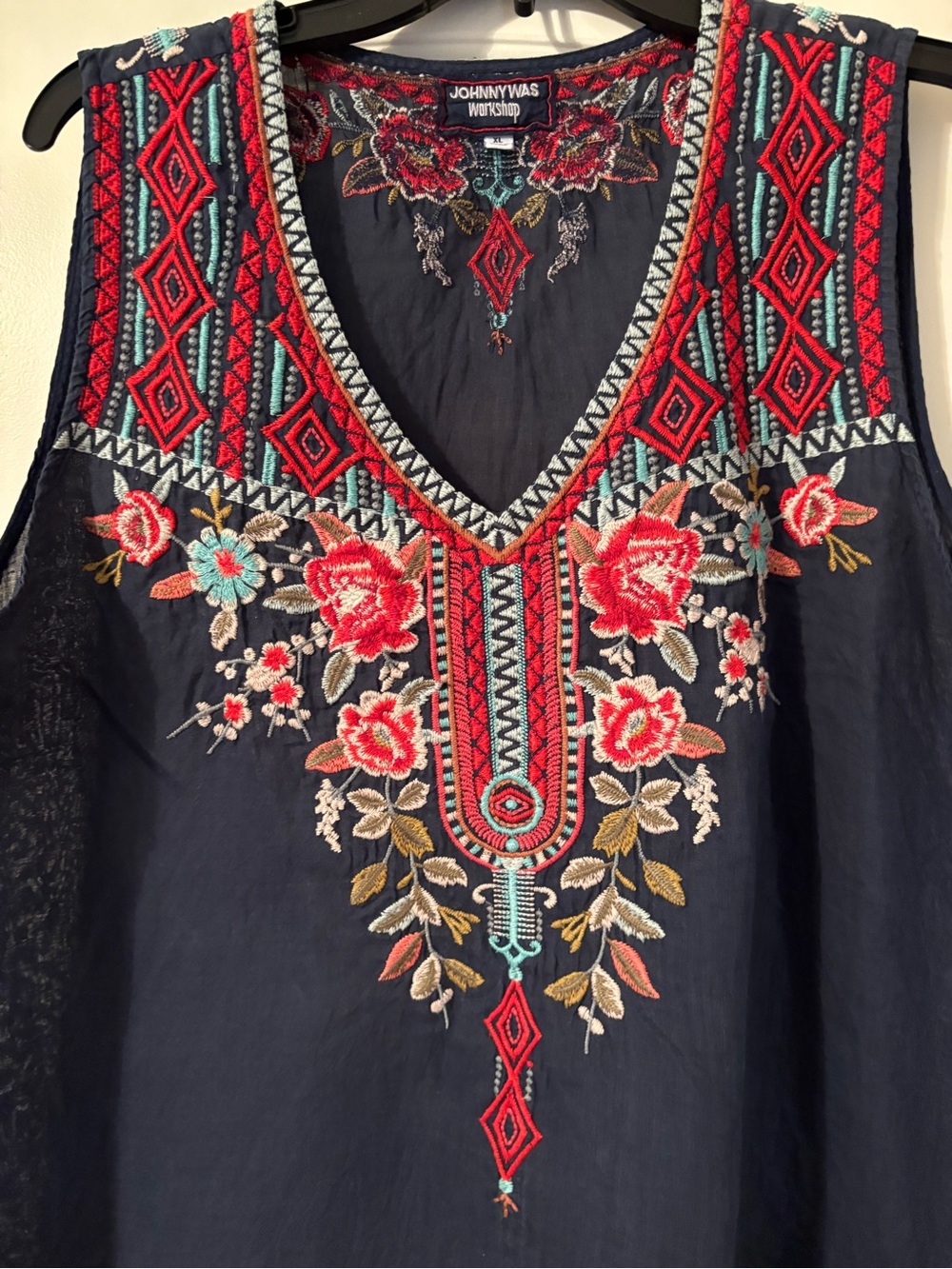 Johnny Was Navy Sleeveless V-Neck Top with Red & Pink Embroidery - Picture 2 of 5